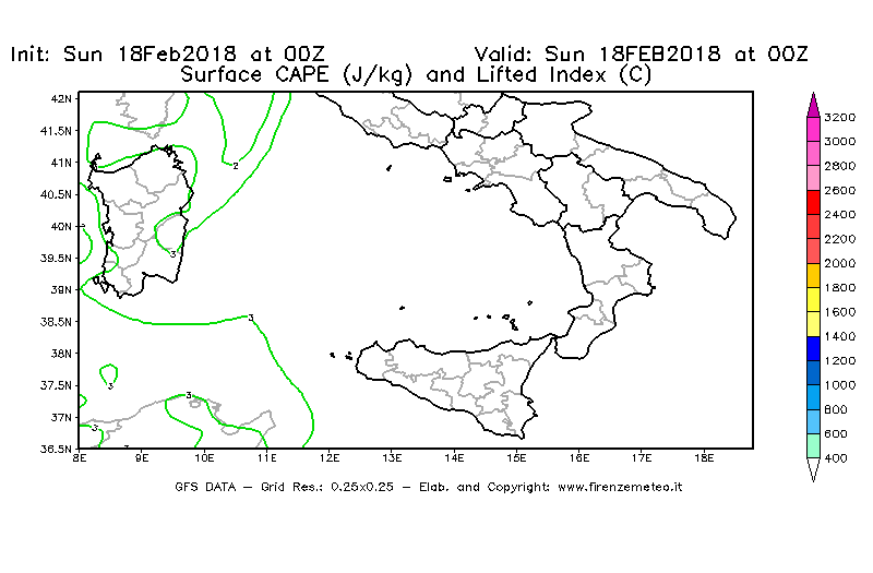 Mappa di analisi GFS - CAPE [J/kg] e Lifted Index [°C] in Sud-Italia
							del 18/02/2018 00 <!--googleoff: index-->UTC<!--googleon: index-->