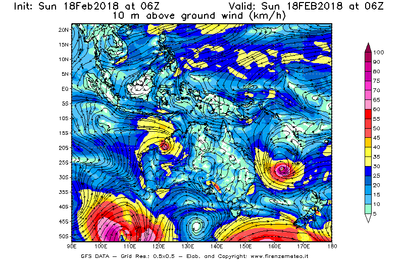 Mappa di analisi GFS - Velocità del vento a 10 metri dal suolo [km/h] in Oceania
							del 18/02/2018 06 <!--googleoff: index-->UTC<!--googleon: index-->