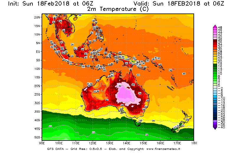 Mappa di analisi GFS - Temperatura a 2 metri dal suolo [°C] in Oceania
							del 18/02/2018 06 <!--googleoff: index-->UTC<!--googleon: index-->