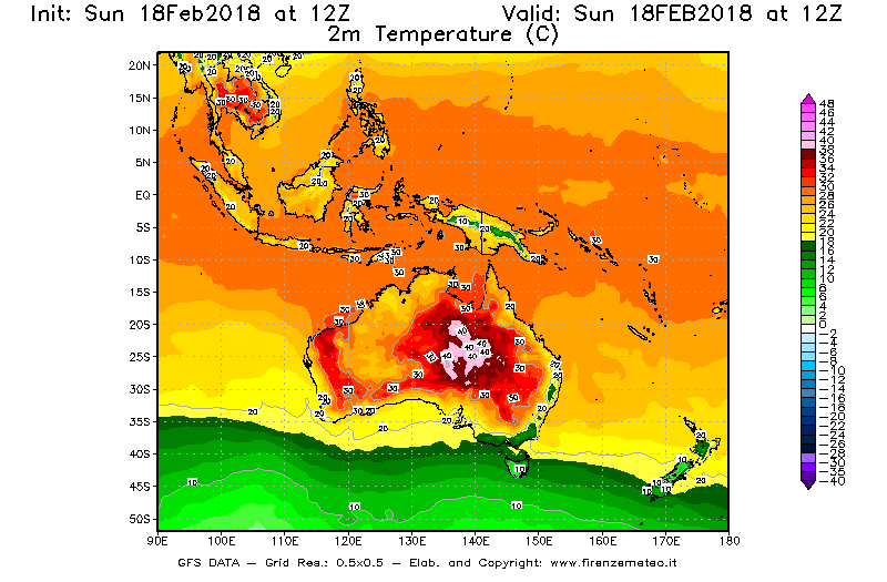 Mappa di analisi GFS - Temperatura a 2 metri dal suolo [°C] in Oceania
									del 18/02/2018 12 <!--googleoff: index-->UTC<!--googleon: index-->