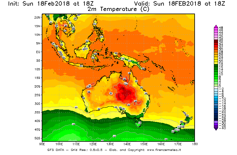 Mappa di analisi GFS - Temperatura a 2 metri dal suolo [°C] in Oceania
									del 18/02/2018 18 <!--googleoff: index-->UTC<!--googleon: index-->