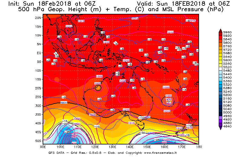 Mappa di analisi GFS - Geopotenziale [m] + Temp. [°C] a 500 hPa + Press. a livello del mare [hPa] in Oceania
							del 18/02/2018 06 <!--googleoff: index-->UTC<!--googleon: index-->