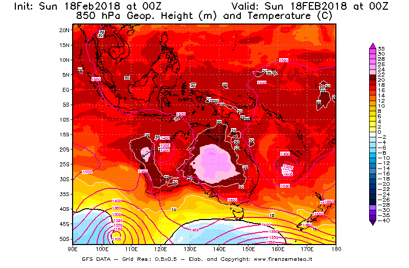 Mappa di analisi GFS - Geopotenziale [m] e Temperatura [°C] a 850 hPa in Oceania
									del 18/02/2018 00 <!--googleoff: index-->UTC<!--googleon: index-->