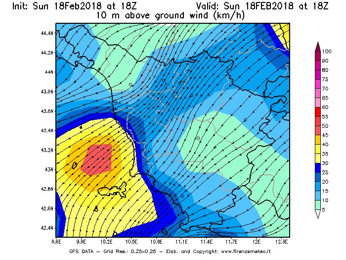 Mappa di analisi GFS - Velocità del vento a 10 metri dal suolo [km/h] in Toscana
									del 18/02/2018 18 <!--googleoff: index-->UTC<!--googleon: index-->