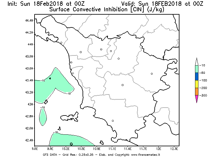 Mappa di analisi GFS - CIN [J/kg] in Toscana
							del 18/02/2018 00 <!--googleoff: index-->UTC<!--googleon: index-->