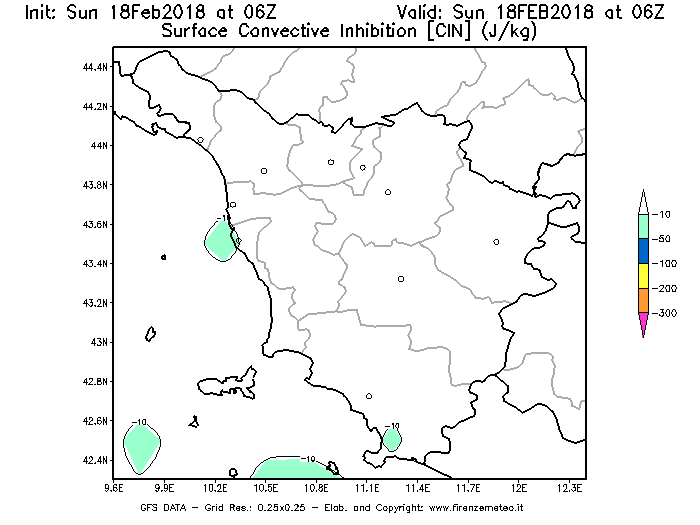 Mappa di analisi GFS - CIN [J/kg] in Toscana
							del 18/02/2018 06 <!--googleoff: index-->UTC<!--googleon: index-->