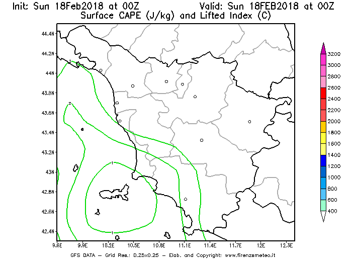 Mappa di analisi GFS - CAPE [J/kg] e Lifted Index [°C] in Toscana
							del 18/02/2018 00 <!--googleoff: index-->UTC<!--googleon: index-->