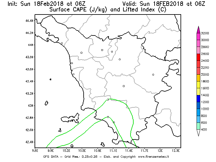 Mappa di analisi GFS - CAPE [J/kg] e Lifted Index [°C] in Toscana
									del 18/02/2018 06 <!--googleoff: index-->UTC<!--googleon: index-->