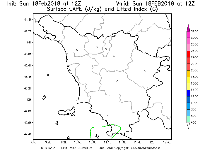 Mappa di analisi GFS - CAPE [J/kg] e Lifted Index [°C] in Toscana
							del 18/02/2018 12 <!--googleoff: index-->UTC<!--googleon: index-->