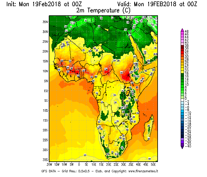Mappa di analisi GFS - Temperatura a 2 metri dal suolo [°C] in Africa
							del 19/02/2018 00 <!--googleoff: index-->UTC<!--googleon: index-->