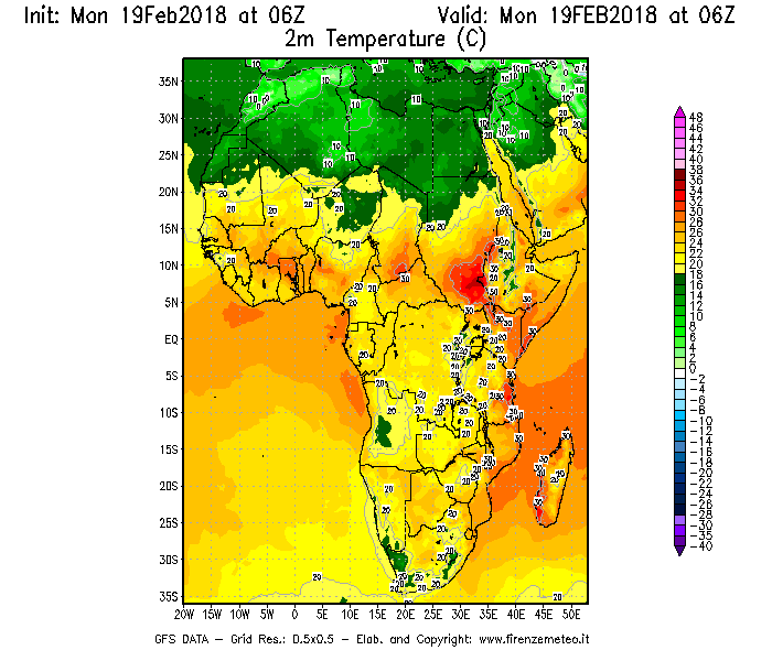Mappa di analisi GFS - Temperatura a 2 metri dal suolo [°C] in Africa
							del 19/02/2018 06 <!--googleoff: index-->UTC<!--googleon: index-->