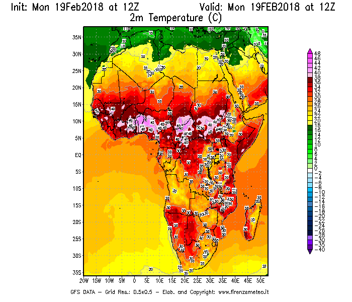 Mappa di analisi GFS - Temperatura a 2 metri dal suolo [°C] in Africa
							del 19/02/2018 12 <!--googleoff: index-->UTC<!--googleon: index-->