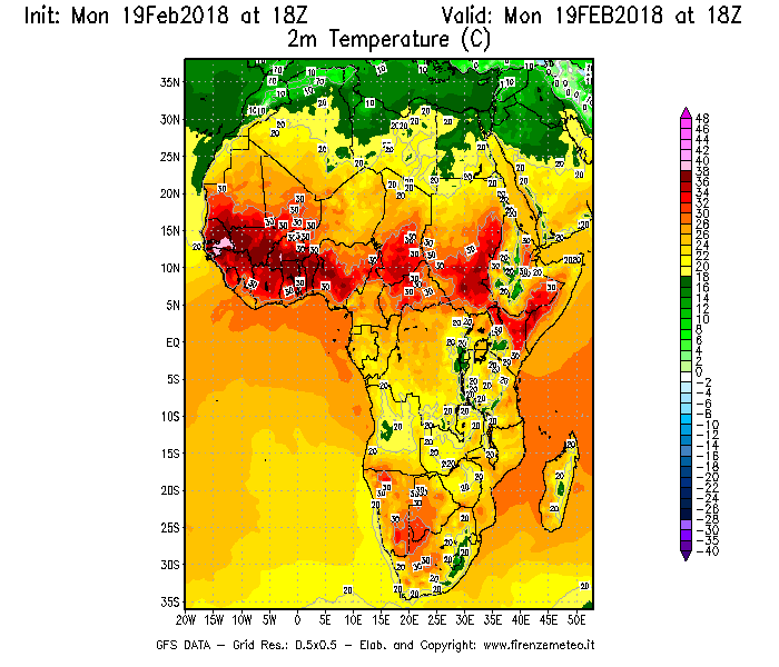 Mappa di analisi GFS - Temperatura a 2 metri dal suolo [°C] in Africa
							del 19/02/2018 18 <!--googleoff: index-->UTC<!--googleon: index-->