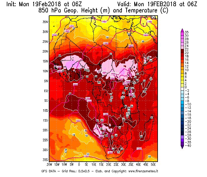 Mappa di analisi GFS - Geopotenziale [m] e Temperatura [°C] a 850 hPa in Africa
							del 19/02/2018 06 <!--googleoff: index-->UTC<!--googleon: index-->