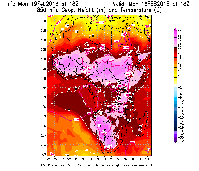 Mappa di analisi GFS - Geopotenziale [m] e Temperatura [°C] a 850 hPa in Africa
							del 19/02/2018 18 <!--googleoff: index-->UTC<!--googleon: index-->
