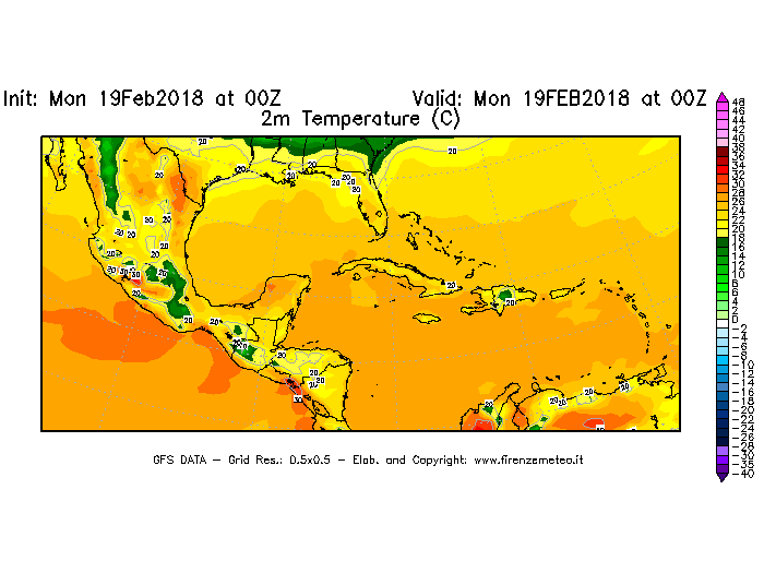Mappa di analisi GFS - Temperatura a 2 metri dal suolo [°C] in Centro-America
							del 19/02/2018 00 <!--googleoff: index-->UTC<!--googleon: index-->