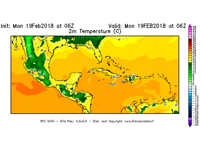 Mappa di analisi GFS - Temperatura a 2 metri dal suolo [°C] in Centro-America
							del 19/02/2018 06 <!--googleoff: index-->UTC<!--googleon: index-->