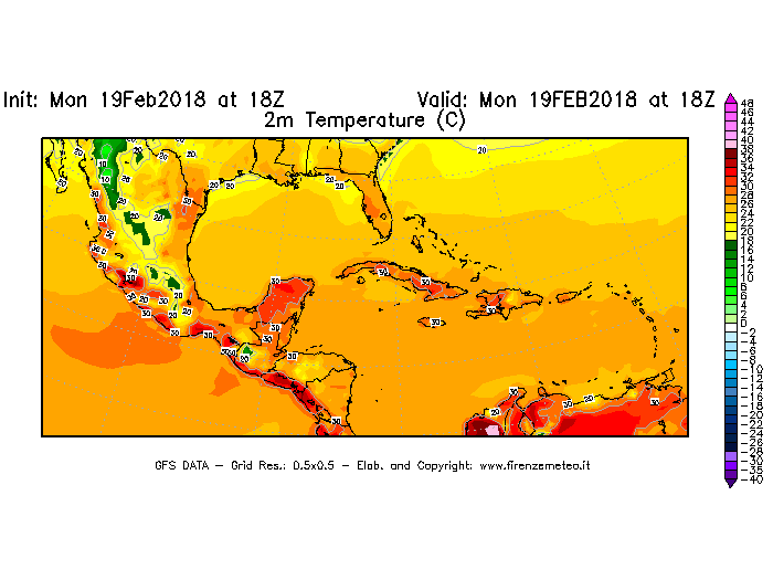 Mappa di analisi GFS - Temperatura a 2 metri dal suolo [°C] in Centro-America
							del 19/02/2018 18 <!--googleoff: index-->UTC<!--googleon: index-->