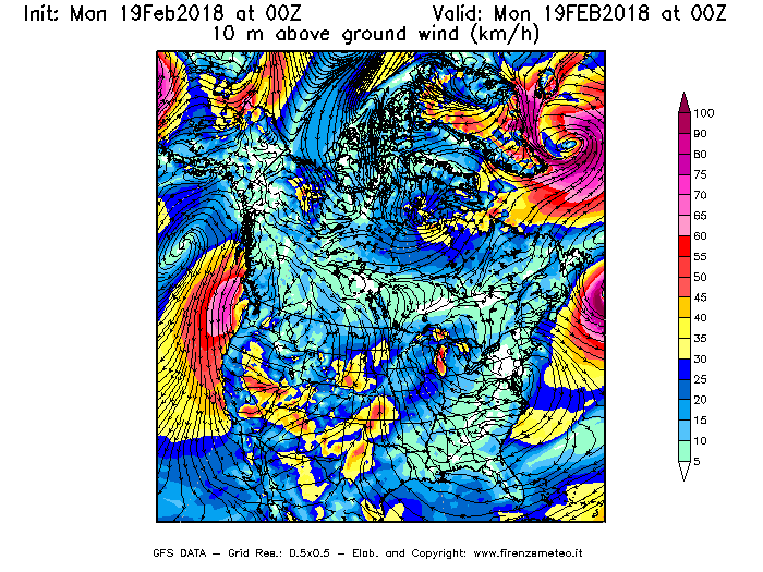 Mappa di analisi GFS - Velocità del vento a 10 metri dal suolo [km/h] in Nord-America
							del 19/02/2018 00 <!--googleoff: index-->UTC<!--googleon: index-->