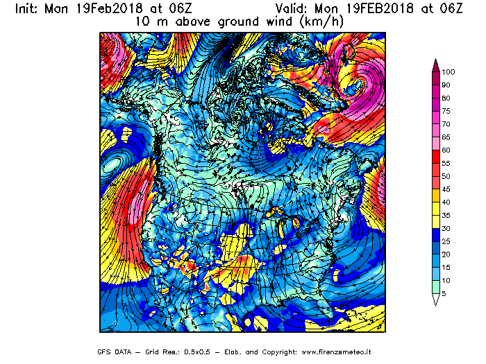 Mappa di analisi GFS - Velocità del vento a 10 metri dal suolo [km/h] in Nord-America
							del 19/02/2018 06 <!--googleoff: index-->UTC<!--googleon: index-->