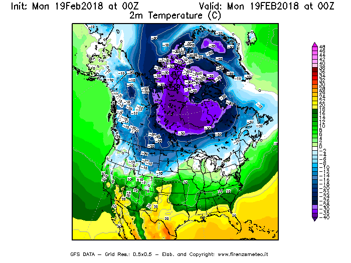 Mappa di analisi GFS - Temperatura a 2 metri dal suolo [°C] in Nord-America
							del 19/02/2018 00 <!--googleoff: index-->UTC<!--googleon: index-->