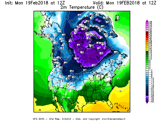 Mappa di analisi GFS - Temperatura a 2 metri dal suolo [°C] in Nord-America
							del 19/02/2018 12 <!--googleoff: index-->UTC<!--googleon: index-->
