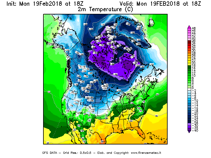 Mappa di analisi GFS - Temperatura a 2 metri dal suolo [°C] in Nord-America
							del 19/02/2018 18 <!--googleoff: index-->UTC<!--googleon: index-->
