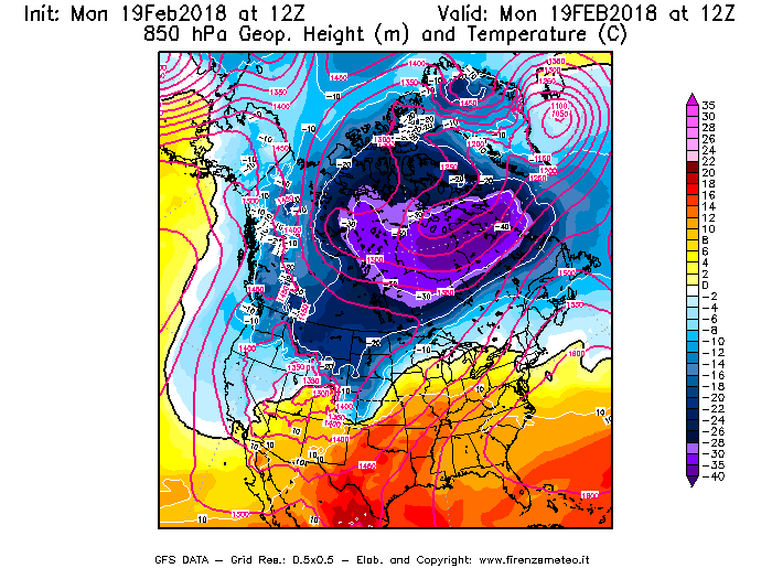 Mappa di analisi GFS - Geopotenziale [m] e Temperatura [°C] a 850 hPa in Nord-America
							del 19/02/2018 12 <!--googleoff: index-->UTC<!--googleon: index-->