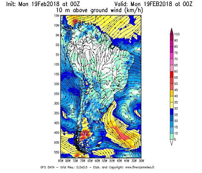 Mappa di analisi GFS - Velocità del vento a 10 metri dal suolo [km/h] in Sud-America
							del 19/02/2018 00 <!--googleoff: index-->UTC<!--googleon: index-->