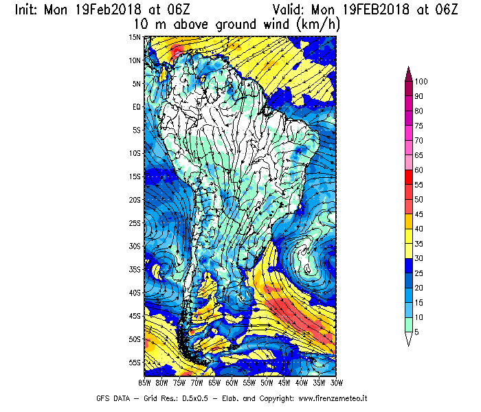 Mappa di analisi GFS - Velocità del vento a 10 metri dal suolo [km/h] in Sud-America
							del 19/02/2018 06 <!--googleoff: index-->UTC<!--googleon: index-->
