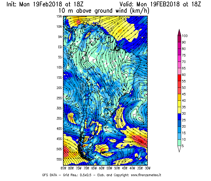 Mappa di analisi GFS - Velocità del vento a 10 metri dal suolo [km/h] in Sud-America
							del 19/02/2018 18 <!--googleoff: index-->UTC<!--googleon: index-->