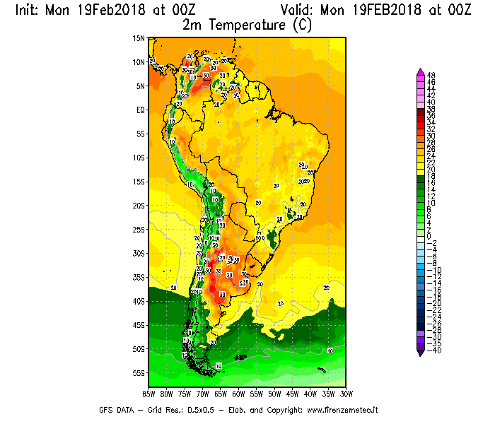 Mappa di analisi GFS - Temperatura a 2 metri dal suolo [°C] in Sud-America
							del 19/02/2018 00 <!--googleoff: index-->UTC<!--googleon: index-->