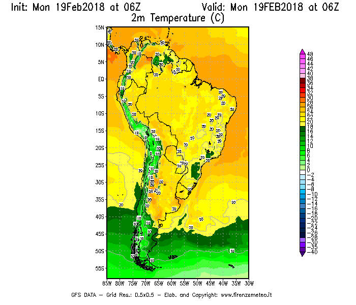 Mappa di analisi GFS - Temperatura a 2 metri dal suolo [°C] in Sud-America
							del 19/02/2018 06 <!--googleoff: index-->UTC<!--googleon: index-->