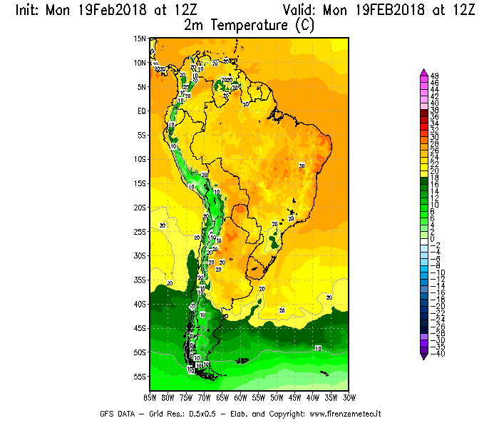Mappa di analisi GFS - Temperatura a 2 metri dal suolo [°C] in Sud-America
							del 19/02/2018 12 <!--googleoff: index-->UTC<!--googleon: index-->