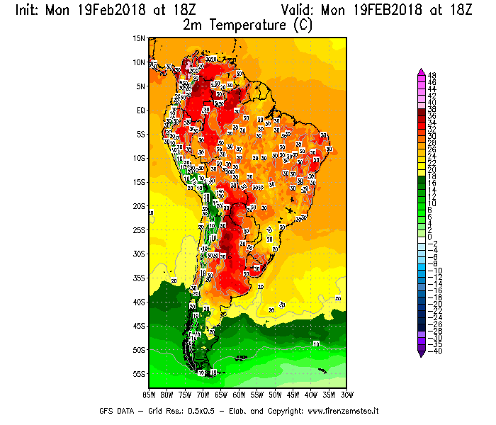 Mappa di analisi GFS - Temperatura a 2 metri dal suolo [°C] in Sud-America
							del 19/02/2018 18 <!--googleoff: index-->UTC<!--googleon: index-->