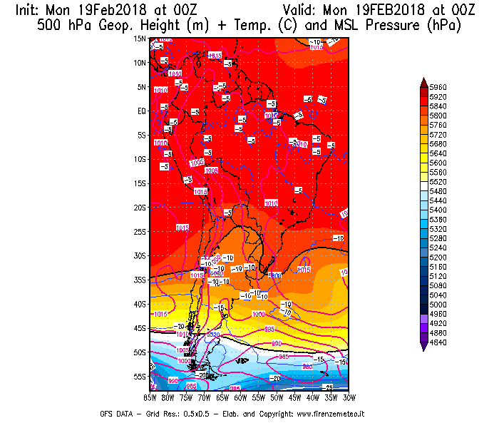Mappa di analisi GFS - Geopotenziale [m] + Temp. [°C] a 500 hPa + Press. a livello del mare [hPa] in Sud-America
							del 19/02/2018 00 <!--googleoff: index-->UTC<!--googleon: index-->