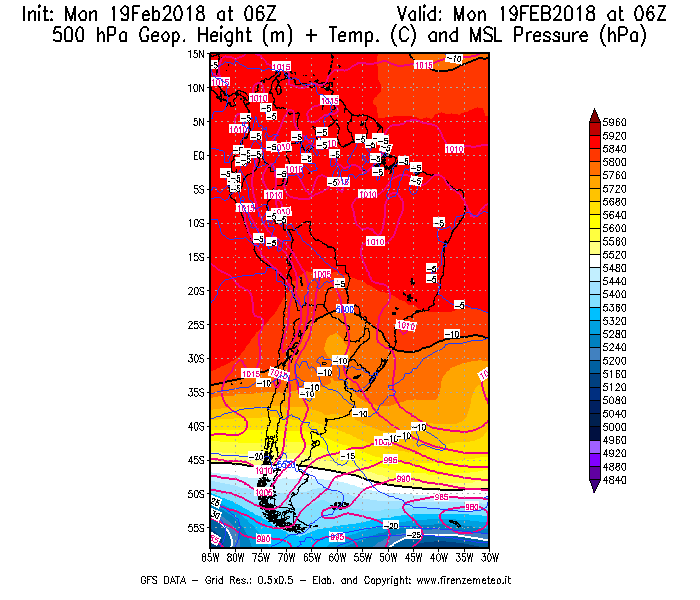 Mappa di analisi GFS - Geopotenziale [m] + Temp. [°C] a 500 hPa + Press. a livello del mare [hPa] in Sud-America
							del 19/02/2018 06 <!--googleoff: index-->UTC<!--googleon: index-->