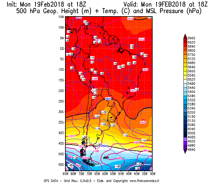 Mappa di analisi GFS - Geopotenziale [m] + Temp. [°C] a 500 hPa + Press. a livello del mare [hPa] in Sud-America
							del 19/02/2018 18 <!--googleoff: index-->UTC<!--googleon: index-->