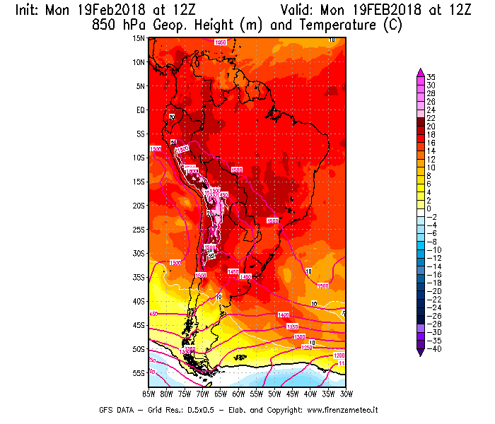 Mappa di analisi GFS - Geopotenziale [m] e Temperatura [°C] a 850 hPa in Sud-America
							del 19/02/2018 12 <!--googleoff: index-->UTC<!--googleon: index-->