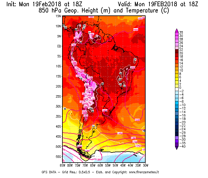 Mappa di analisi GFS - Geopotenziale [m] e Temperatura [°C] a 850 hPa in Sud-America
							del 19/02/2018 18 <!--googleoff: index-->UTC<!--googleon: index-->