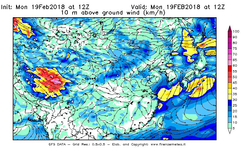 Mappa di analisi GFS - Velocità del vento a 10 metri dal suolo [km/h] in Asia Orientale
							del 19/02/2018 12 <!--googleoff: index-->UTC<!--googleon: index-->