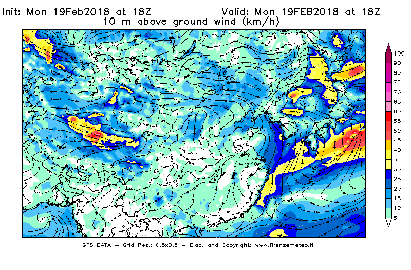 Mappa di analisi GFS - Velocità del vento a 10 metri dal suolo [km/h] in Asia Orientale
							del 19/02/2018 18 <!--googleoff: index-->UTC<!--googleon: index-->