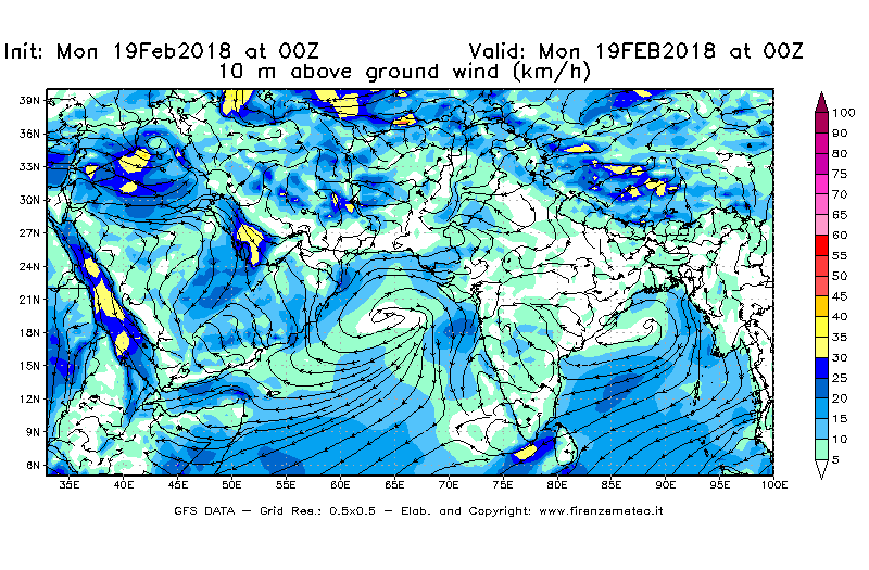 Mappa di analisi GFS - Velocità del vento a 10 metri dal suolo [km/h] in Asia Sud-Occidentale
							del 19/02/2018 00 <!--googleoff: index-->UTC<!--googleon: index-->
