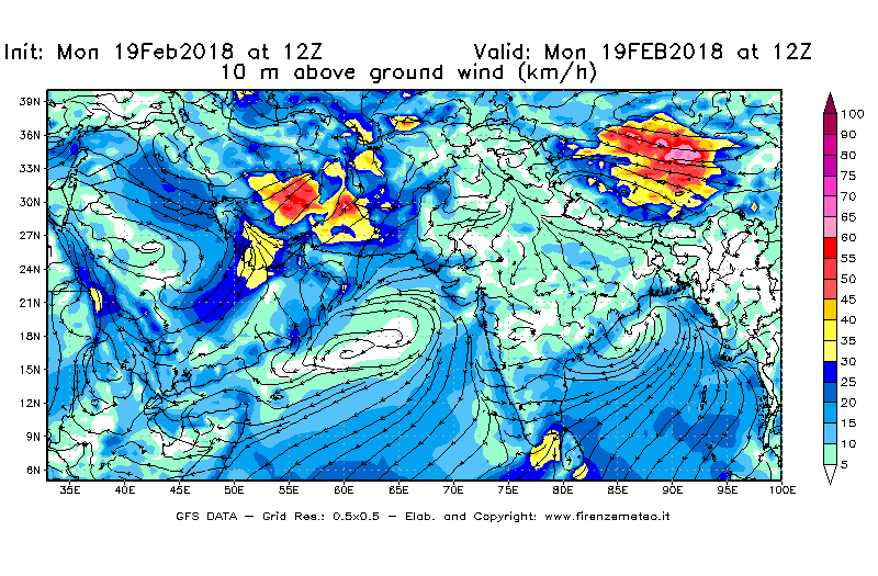 Mappa di analisi GFS - Velocità del vento a 10 metri dal suolo [km/h] in Asia Sud-Occidentale
							del 19/02/2018 12 <!--googleoff: index-->UTC<!--googleon: index-->