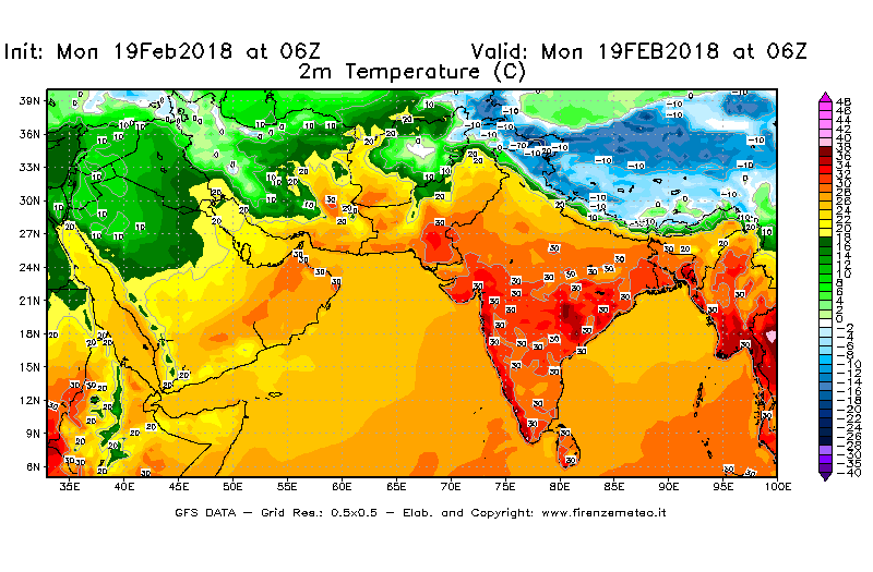 Mappa di analisi GFS - Temperatura a 2 metri dal suolo [°C] in Asia Sud-Occidentale
							del 19/02/2018 06 <!--googleoff: index-->UTC<!--googleon: index-->