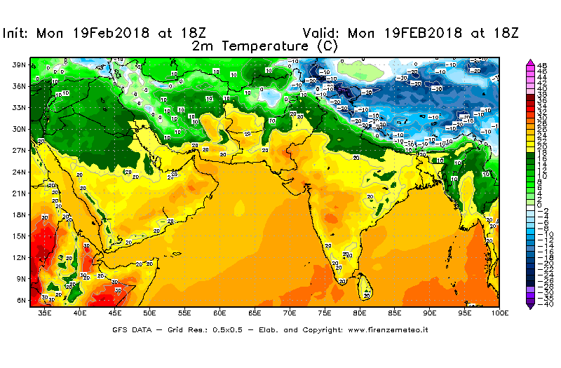Mappa di analisi GFS - Temperatura a 2 metri dal suolo [°C] in Asia Sud-Occidentale
							del 19/02/2018 18 <!--googleoff: index-->UTC<!--googleon: index-->