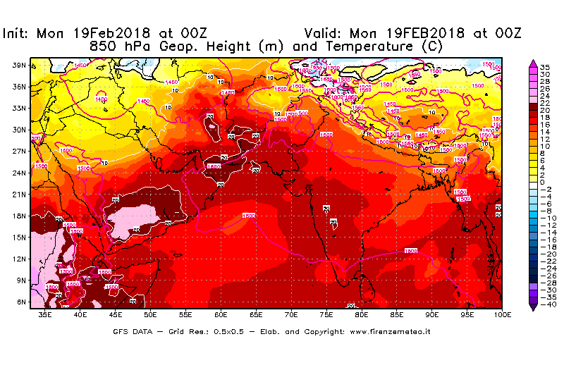 Mappa di analisi GFS - Geopotenziale [m] e Temperatura [°C] a 850 hPa in Asia Sud-Occidentale
							del 19/02/2018 00 <!--googleoff: index-->UTC<!--googleon: index-->