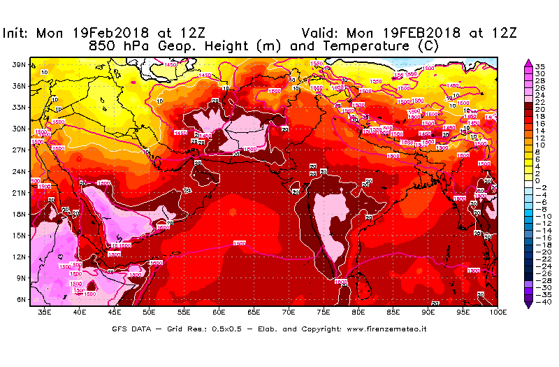 Mappa di analisi GFS - Geopotenziale [m] e Temperatura [°C] a 850 hPa in Asia Sud-Occidentale
							del 19/02/2018 12 <!--googleoff: index-->UTC<!--googleon: index-->