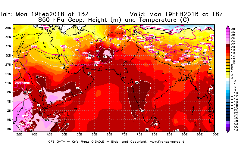 Mappa di analisi GFS - Geopotenziale [m] e Temperatura [°C] a 850 hPa in Asia Sud-Occidentale
							del 19/02/2018 18 <!--googleoff: index-->UTC<!--googleon: index-->