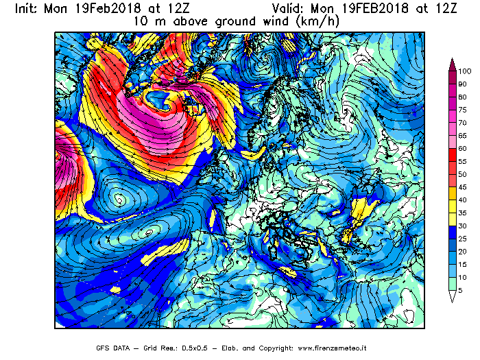 Mappa di analisi GFS - Velocità del vento a 10 metri dal suolo [km/h] in Europa
							del 19/02/2018 12 <!--googleoff: index-->UTC<!--googleon: index-->